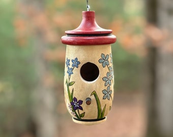 Handmade Hummingbird House, Forget Me Not, Personalizable Custom Artisan Gift for Bird Lovers, Bereavement, In Memory, Alaska State Flower