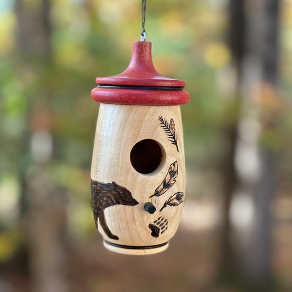 Hummingbird House, Handmade Wooden Birdhouse for Indoor/Outdoor Use, Bear Hug Art, Bird Lovers Gift, Christmas Gift for Rustic Cabin Life