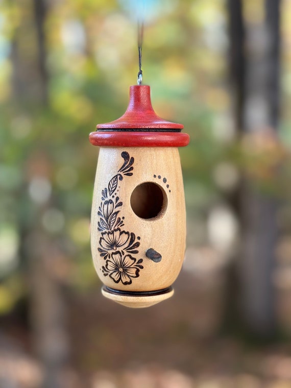 Handmade Hummingbird House, Aster Floral Pyrography, Wooden Birdhouse