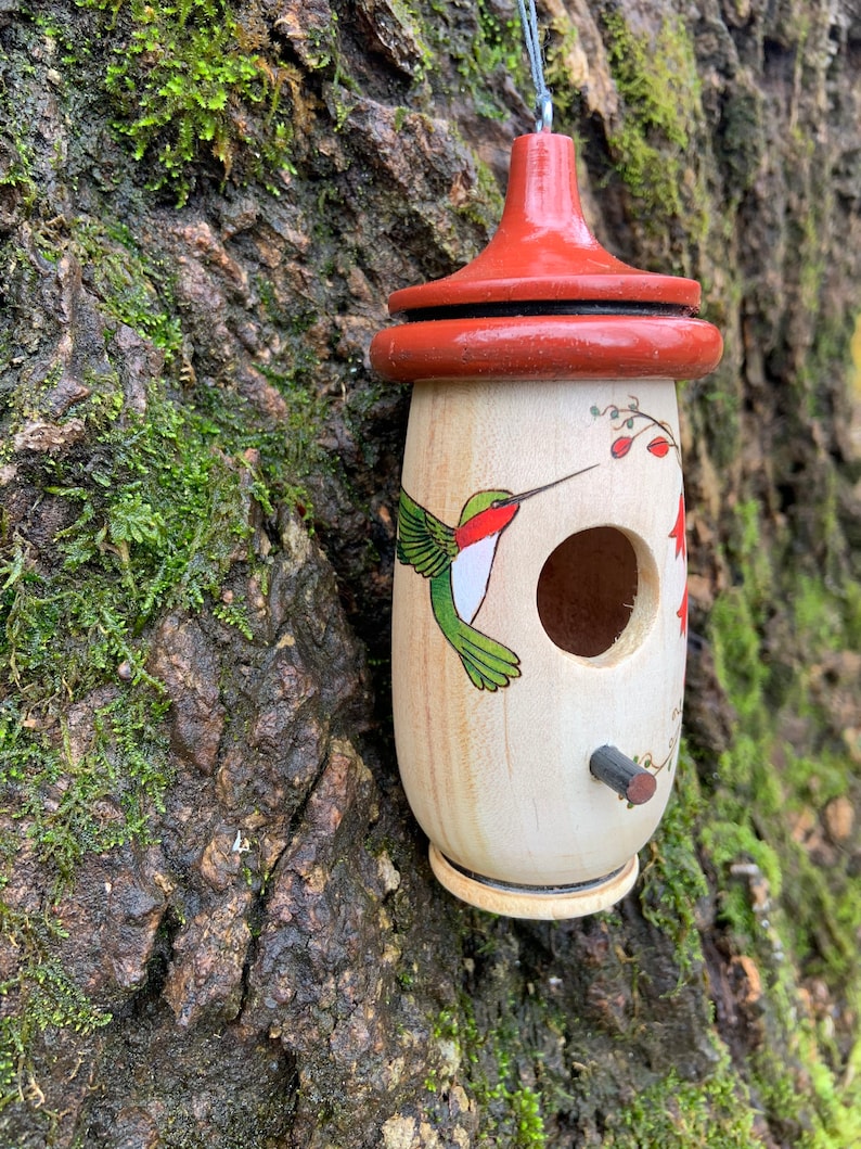 May include: A wooden birdhouse with a red top and a hummingbird illustration. The birdhouse is cylindrical with a small perch and a round entry hole. The hummingbird is depicted with green wings and a red throat. The birdhouse hangs from a thin string.