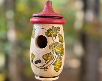 Hummingbird House, Ginko Leaves Art, Handmade Wooden Birdhouse for Indoor/Outdoor Use, Bird Lovers Gift, Christmas Gift for Neighbors