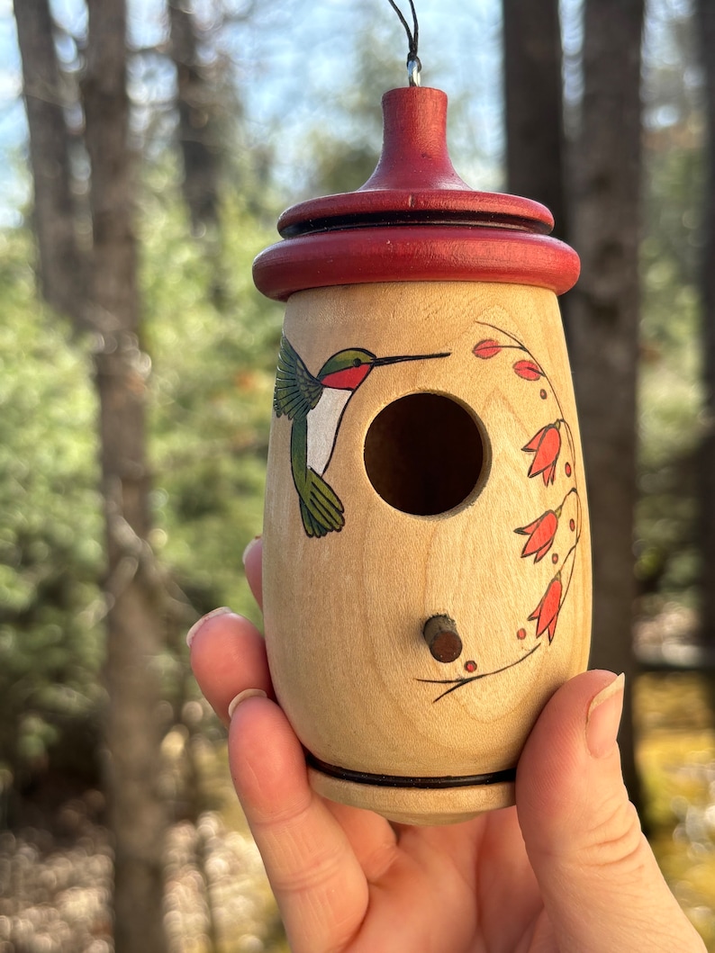 May include: A wooden birdhouse with a red top and a hummingbird painted on the side. The birdhouse has a round opening and a small wooden perch. The hummingbird is green, red, and white. The birdhouse is hanging from a black string.