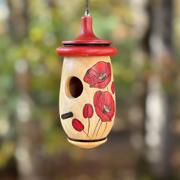 Hummingbird House, Poppy Floral Art, Wooden Birdhouse for Indoor/Outdoor Use, Christmas Gift for Mom and Bird Lovers, August Birth Flower