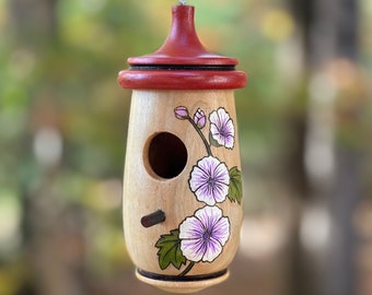 Hummingbird House, Handmade Wooden Birdhouse for Indoor/Outdoor, Purple Mallow French Hollyhock Zebrina, Bird Lovers Gift, Christmas Gift