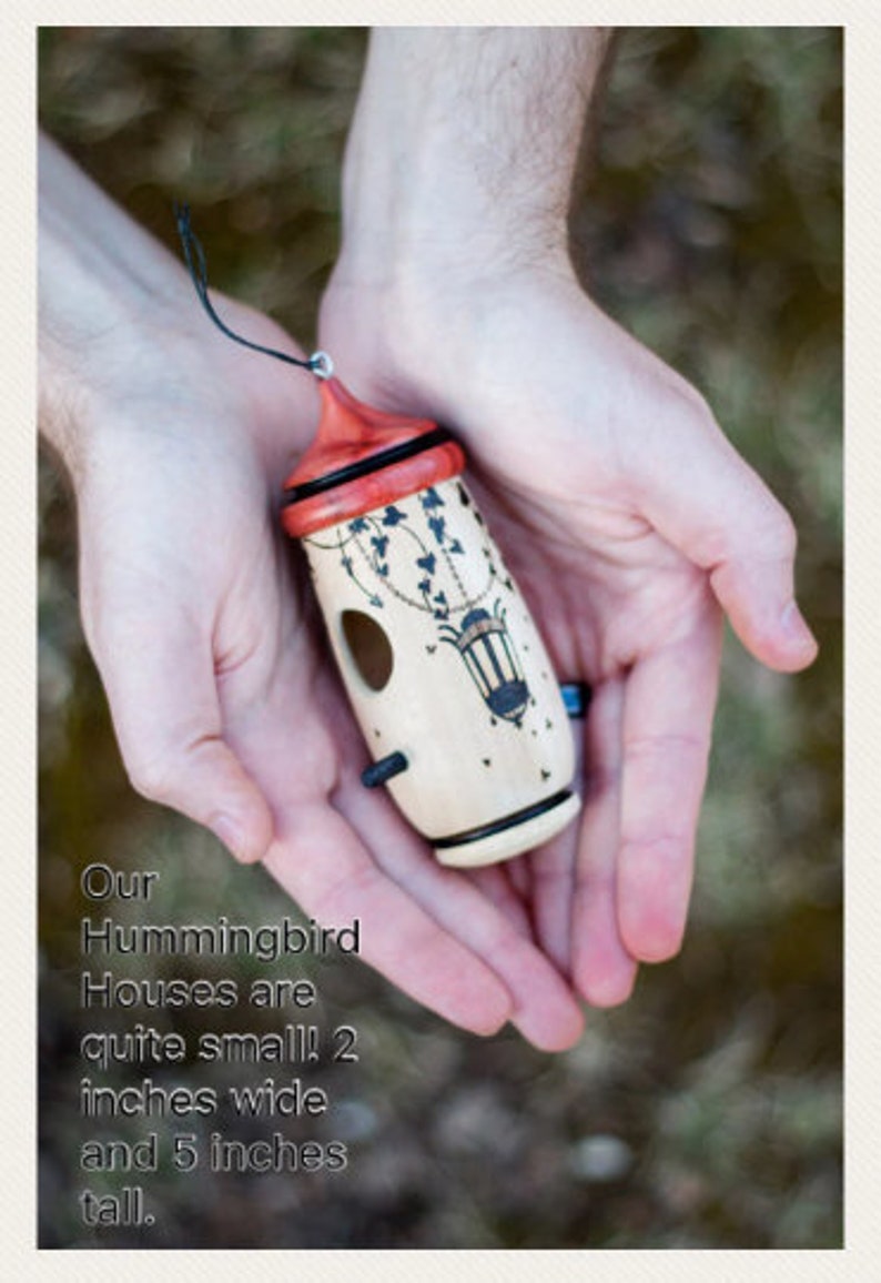 Puede incluir: Una peque&ntilde;a casa para colibr&iacute;es, sostenida con la mano, con una parte superior roja y un cuerpo de color claro. La casa mide unos 5 cm de ancho y 13 cm de alto, con un dise&ntilde;o decorativo de linterna y enredaderas. Una cuerda negra est&aacute; adjunta para colgar.