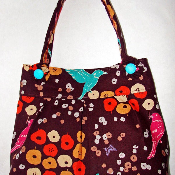 Large Birds and Flowers in Brown - Medium Pleated Bag with 2 Strap Handles and Covered Buttons