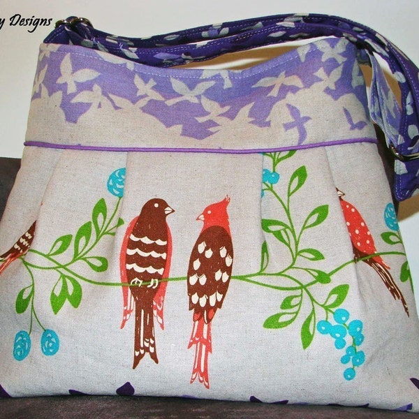 Birdsong in Purple Japanese Print - Medium Pleated Bag with Adjustable Strap and Magnetic Closure