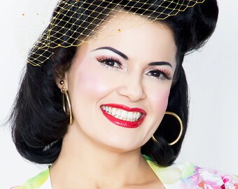 Yellow Birdcage Veil Blusher -rhinestone dotted-