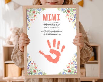 Manualidad con huellas de manos para el Día de la Madre para Mimi, Poema para el Día de la Madre, Actividad de huellas de manos con flores silvestres, Arte con huellas de manos para el Día de la Madre, Regalo infantil para Mimi