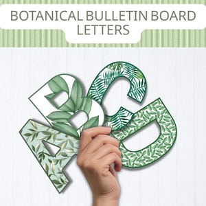Könnte beinhalten: Botanische Pinnwandbuchstaben mit den Buchstaben A, B, C und D. Jeder Buchstabe zeigt ein einzigartiges grünes Blattmuster, darunter Farn-, Palmen- und Eukalyptusmotive. Die Buchstaben sind in einer Gruppe mit dunkelgrünem Rand angeordnet.
