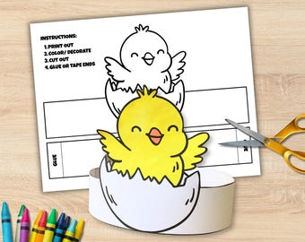 Corona de papel de pollito de Pascua, corona de papel para colorear de Pascua, corona de papel de animales, dibujos para colorear de Pascua, actividad preescolar de Pascua, corona de papel para niños