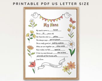 All About My Nana, Grandparents Day Printable, DIY Gift for Nana, Gift from Grandkids, Nana’s Birthday, Nana Mother’s day