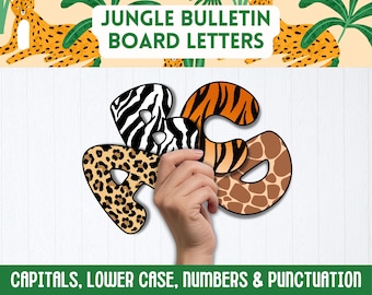 Letras y números de burbujas para tablón de anuncios con temática de la selva, tablón de anuncios con temática de safari, letras con estampado de leopardo, letras con estampado animal, decoración para el aula con temática de la selva.