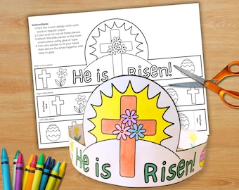 Manualidad "Él ha resucitado", Corona de papel para colorear de Pascua, Página para colorear de Pascua, Manualidad para la escuela dominical de Pascua, Actividad bíblica de Pascua, Manualidad de corona de papel