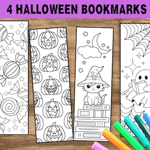 Peut inclure: Quatre marque-pages sur le thème d'Halloween avec des illustrations en noir et blanc. Les motifs comprennent des bonbons, des citrouilles, un chat avec un chapeau de sorcière et un fantôme lisant. Le texte "4 HALLOWEEN BOOKMARKS" est en haut.