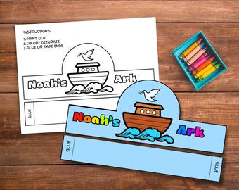 Actividad del Arca de Noé, Corona de papel para colorear, Manualidad para la escuela dominical, Actividad bíblica imprimible