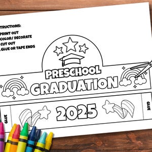 Diploma di scuola materna 2025, corona di carta stampabile, corona da colorare per la scuola materna, cappello da festa fai da te, ultimo giorno di scuola