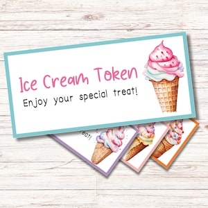 Op de afbeelding: Een ijsbon met een aquarel illustratie van een ijshoorntje. De tekst luidt "Ice Cream Token" en "Enjoy your special treat!" Er zijn verschillende kleinere bonnen met ijshoorntjes zichtbaar.