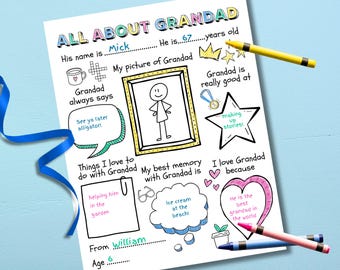 Todo sobre el abuelo, regalo del Día del Padre, regalo imprimible para el abuelo, regalo de los nietos, cumpleaños del abuelo, regalo del Día del Abuelo