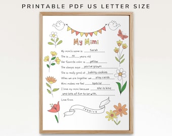 Todo sobre mi Mimi, imprimible para el Día de los Abuelos, regalo DIY para Mimi, regalo de los nietos, cumpleaños de Mimi, Día de la Madre de Mimi