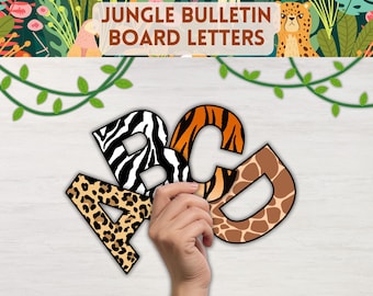 Letras y números para tablón de anuncios de la selva, tablón de anuncios de safari, letras con estampado de leopardo, letras con estampado de animales, decoración de aula con temática de selva