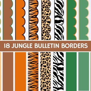 Peut inclure: Une collection de 18 bordures de tableau d'affichage sur le thème de la jungle avec des bords festonnés et droits. Les motifs incluent des couleurs unies beige, marron, orange et vert, ainsi que des imprimés animaliers tigre, léopard et zèbre.