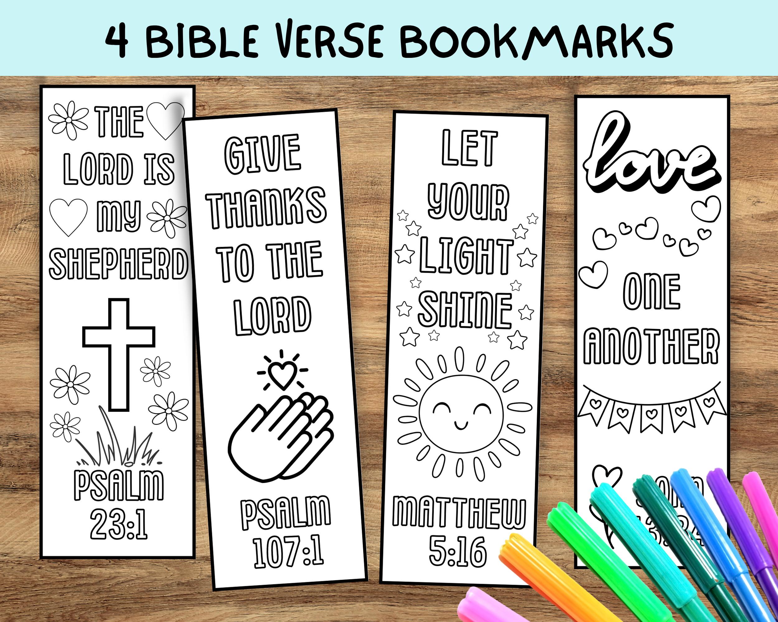 Segnalibri da colorare con versetti della Bibbia per bambini, lavoretti per la scuola domenicale, segnalibri cristiani, pagina da colorare della Bibbia