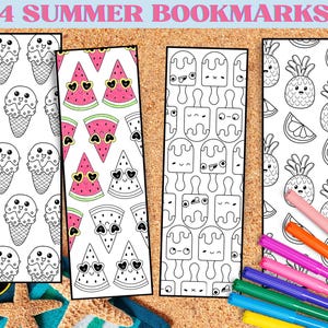 Könnte beinhalten: Vier Sommer-Lesezeichen mit Schwarz-Weiß-Illustrationen. Designs umfassen Eiswaffeln, Wassermelonenscheiben mit Sonnenbrillen, Eisgesichter und lächelnde Ananas. Der Text "4 SUMMER BOOKMARKS" befindet sich oben im Bild.