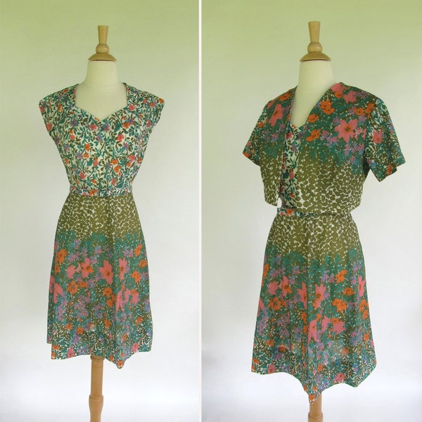 vintage 1960s dress / floral print dress and jacket set / 60s dress and bolero jacket