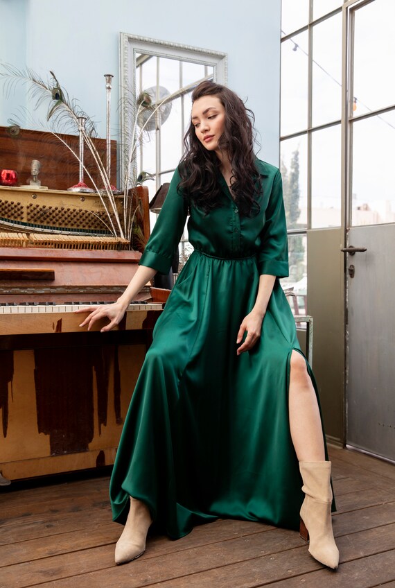 green satin dress long sleeve
