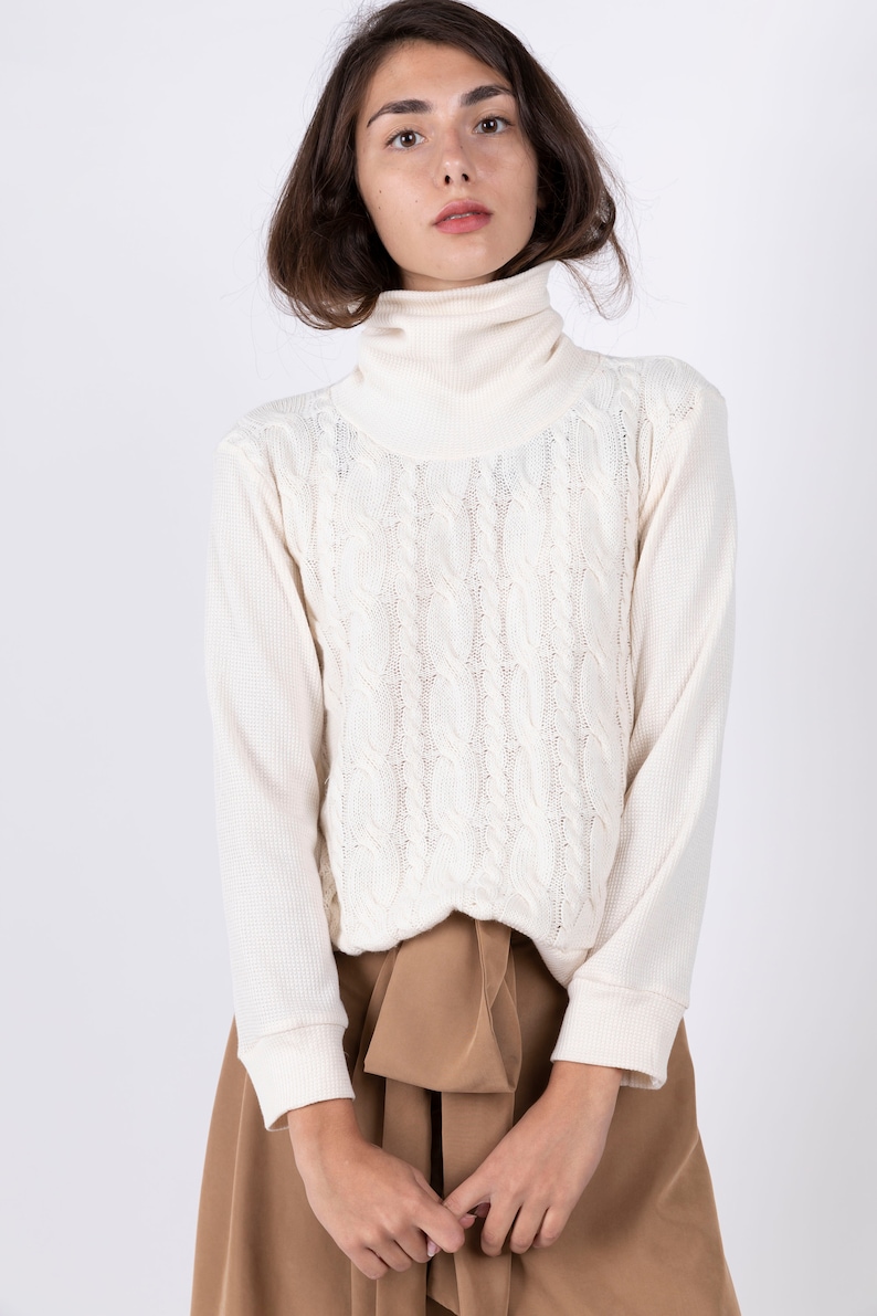 Cream Cable Knit Turtleneck Sweater Loose Sweater high neck sweater Beige jumper waffle sweater Turtleneck Sweater