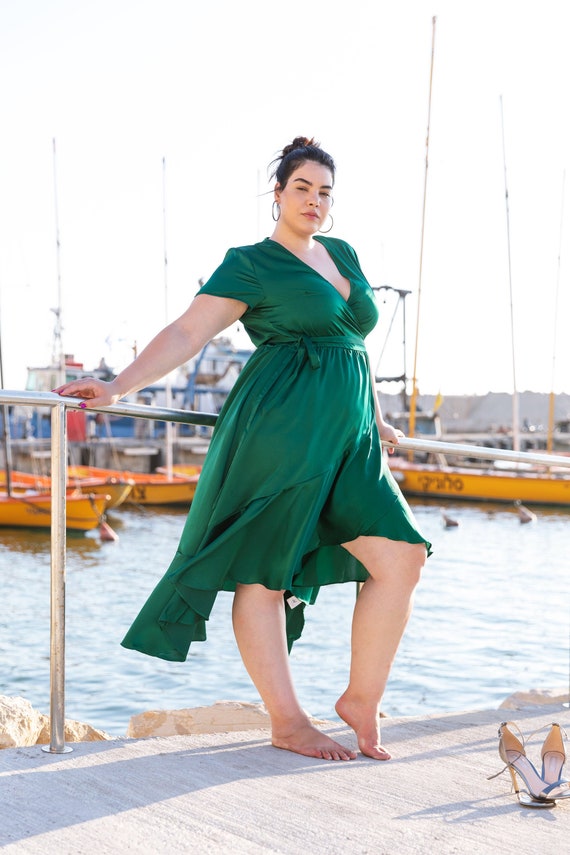 emerald satin wrap dress