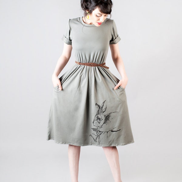 Grey Tee shirt dress with screen printed Woodland rabbit print