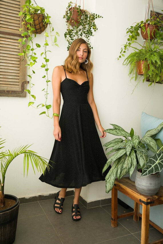 black glitter strappy midi dress