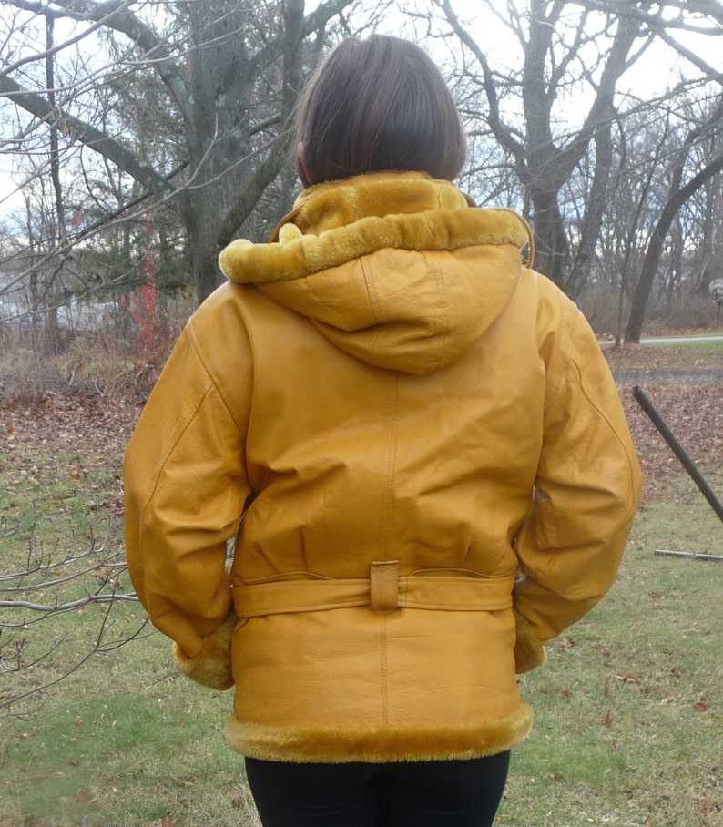 Vintage Leather Coat Jacket Mustard Yellow Pile Faux Fur Trim Etsy