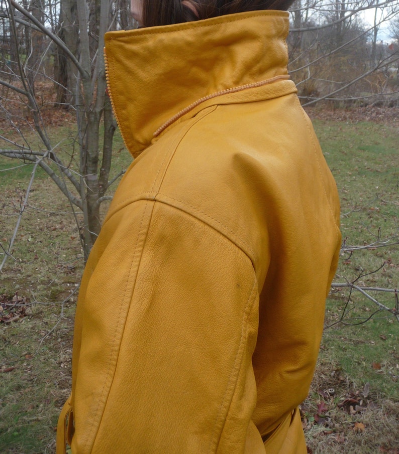 Vintage Leather Coat Jacket Mustard Yellow Pile Faux Fur Trim Etsy