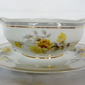 Limoges  Gravy Boat With Attached Plate Alrenfeldt Yellow Roses Gray Gold  France