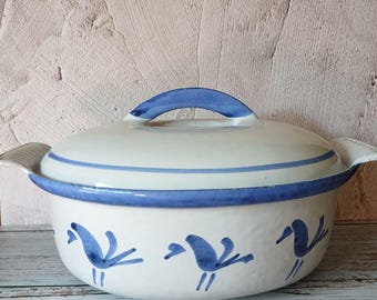 Vintage Husqvarna  Oval Baking Dish with Lid Sweden Cast Iron Enamelware  White & Cobalt Blue  Birds
