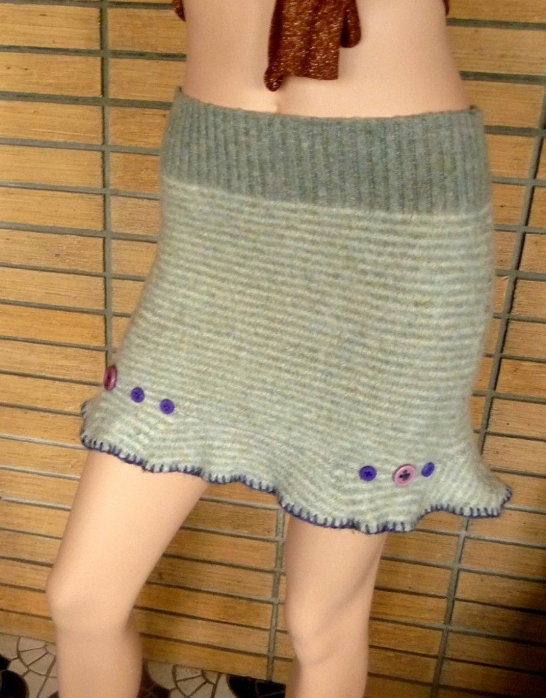 Upcycled Felted Sweater Skirt Green Stripe Wool Small Free US Ship image 5