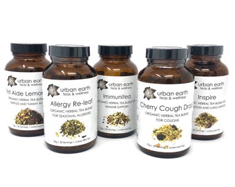 Teas for IMMUNE HEALTH | Amber Glass Jars | Choose from 5 Different Blends | Makes 30 Servings Each | Loose Leaf Tea | Urban Earth Teas