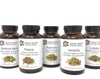 Teas for SLEEP AND RELAXATION | Amber Glass Jars | Choose from 5 Blends | Makes 30 Servings Each | Loose Leaf Tea | Urban Earth Teas