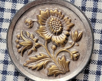 Antique Picture Button ~ Floral Flower - Sunflowers - Art Nouveau - Old Metal Buttons