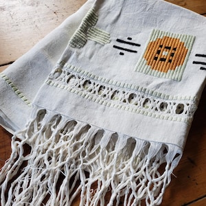 ヴィンテージ アート＆クラフト テーブルランナー、フリンジ付きマントル スカーフ ランナー 36x34 手刺繍