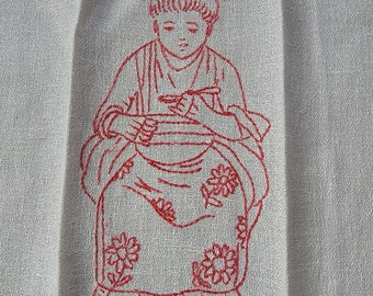 Antique Redwork Linen Bib, Hand Embroidered Asian Figural Lady, Chinioserie