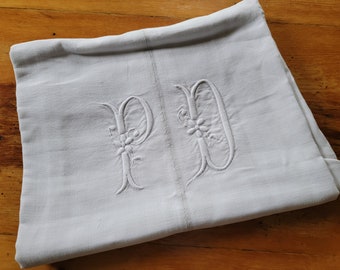 Antique 1870's French Country Homespun Linen Fabric Hand Monogram P D 31x82