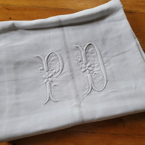 Antique 1870's French Country Homespun Linen Fabric Hand Monogram P D 31x82