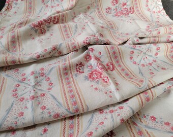 Antique French Linen Fabric Floral 2.8 yards Wallpaper Stripe 1800's Pink Red Flowers