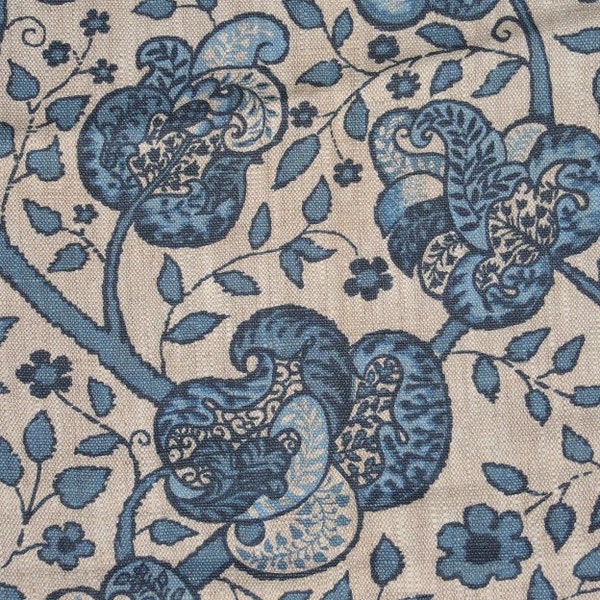 Vintage Linen Fabric Floral Blue Delft PAYNE Fabric Hand Print