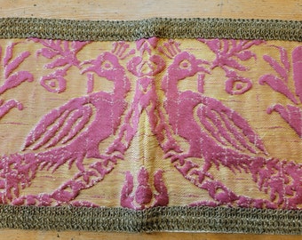 Antique French Peacock Silk Jacquard with Gold Lamé Lace Linen Back 9x49