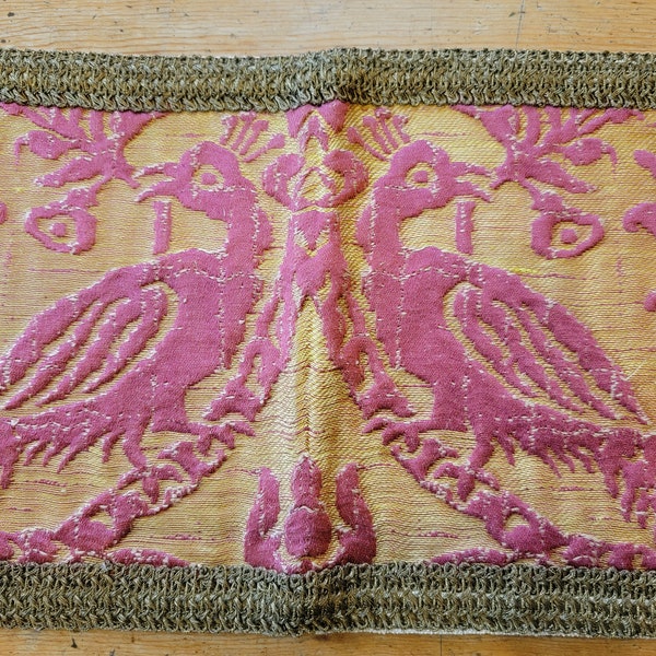 Antique French Peacock Silk Jacquard with Gold Lamé Lace Linen Back 9x49